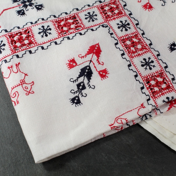 ヴィンテージ　手刺繍　テーブルクロス　イギリス製　B ヴィンテージリネンテーブルクロス：手刺繍の赤と黒、40インチ四方