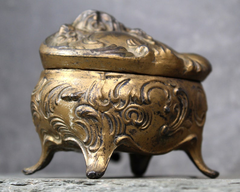 Jennings Brothers Floral Casket Jewelry Box Gold Gilt Footed Art Nouveau Ornate Small Jewelry Box Jennings Brothers 1123 Ring Box image 10