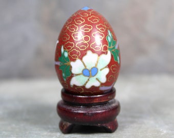 Vintage Cloisonné Mini Egg on Wooden Stand | Asian Art Egg | Floral Cloisonné