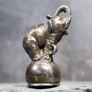 Lucky Elephant on Ball | Miniature Metal Figurine | Gold Toned/Brass | Circus Elephant | Bixley Shop