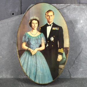 1953 Queen Elizabeth Coronation Commemorative Tin | Vintage Royal Souvenir | Queen Elizabeth and Prince Phillip Oval Tin | Bixley Shop
