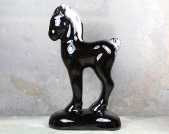 figurine de cheval en céramique noire vintage | Figurine de cheval moderne du milieu du siècle | Cheval noir | Céramique noire avec crinière blanche | Boutique Bixley