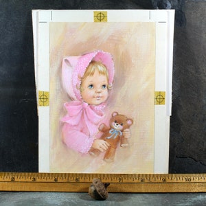 VERY RARE ORIGINAL Gouache Painting by Artist Fran Ju 1960s Original Rust Craft Greeting Card Art Baby in Pink with Teddy Bear image 10