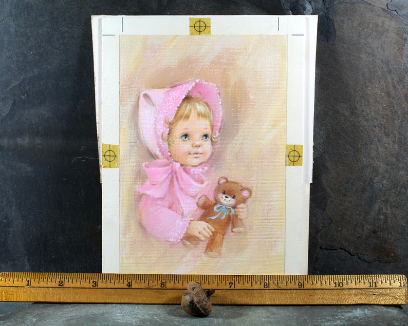 VERY RARE ORIGINAL Gouache Painting by Artist Fran Ju 1960s Original Rust Craft Greeting Card Art Baby in Pink with Teddy Bear image 10