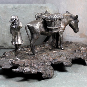 RARE Antique Inkwell Bronze & Silver Inkwell/Stand Mule Ink Well w/Silver Saddle and Market Goods Man Herding Donkey Silver Saddlebags image 3