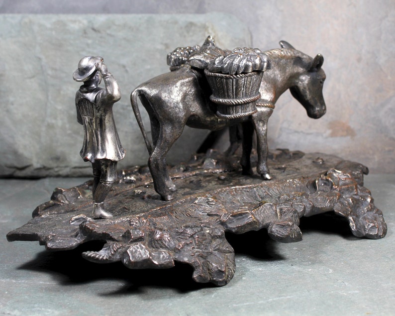 RARE Antique Inkwell Bronze & Silver Inkwell/Stand Mule Ink Well w/Silver Saddle and Market Goods Man Herding Donkey Silver Saddlebags image 3