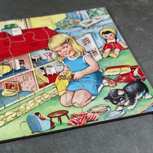 1950s Wooden Kid&#39;s Puzzle | 20 Piece Wooden Puzzle | Girl with Dollhouse and Kitten | Interlocking Puzzle | Bixley Shop