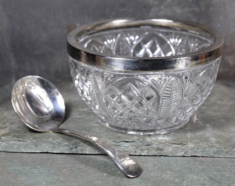 Vintage Pressed Glass Condiment Bowl with Silver Lip and Spoon | English Glass Bowls | Vintage Serving | Holiday Table | Bixley Shop