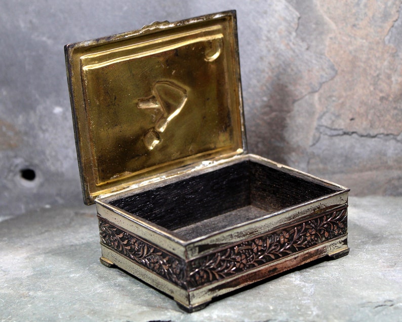 Japanese Metal Box with Wood Lining Made in Japan Girl in Garden Copper Plated Trinket Box Bixley Shop image 2