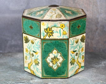 Vintage Lidded Tea Tin | English Floral Storage Tin Hinged Lid | Cottagecore Storage | Octagonal Tin | Vintage Storage | Bixley Shop