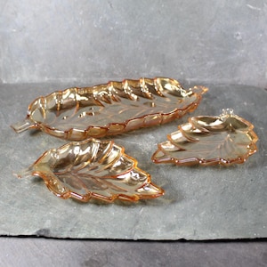 Set of 3 Amber Glass Leaf Dishes | Vintage Autumn Glass Serving Dishes | Halloween Table | Thanksgiving Table | Bixley Shop