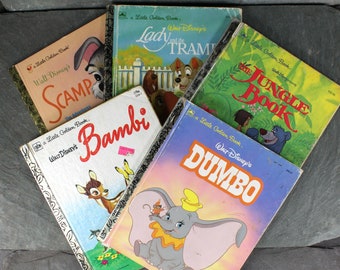 LES CLASSIQUES DISNEY ! Lot de 5 petits livres dorés Disney | Années 1970/80 | Bambi | Livre de la jungle | la belle et le clochard | Dumbo | Coquin | Boutique Bixley