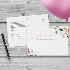 Ballonkarten Hochzeit, ab 50 Stück - Modern Floral Din A6 zweiseitig bedruckt