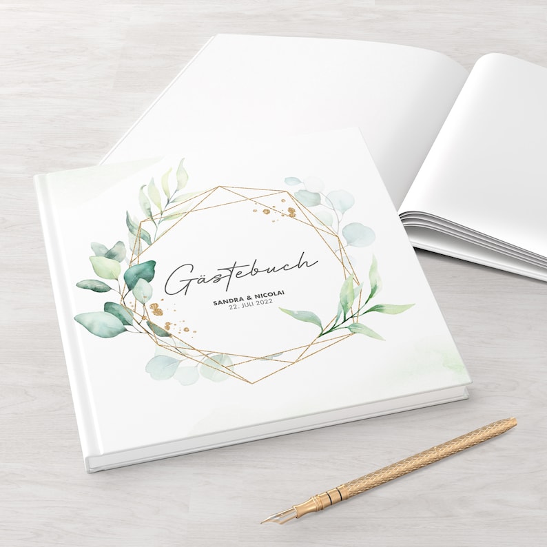 GÄSTEBUCH Hochzeit Eucalyptus personalisiert mit Namen & Datum Einleitung Fragen oder blanko Eukalyptus Greenery Maximus Bild 6