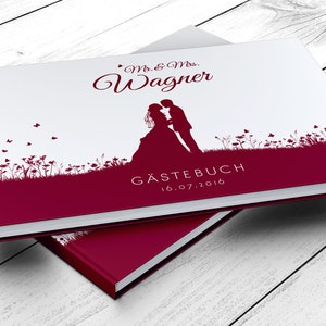 Gästebuch Hochzeit mit und ohne Fragen weiße Seiten blanko fotobuch edel romantisch weinrot leaf couple mr mrs personalisiert Bild 6