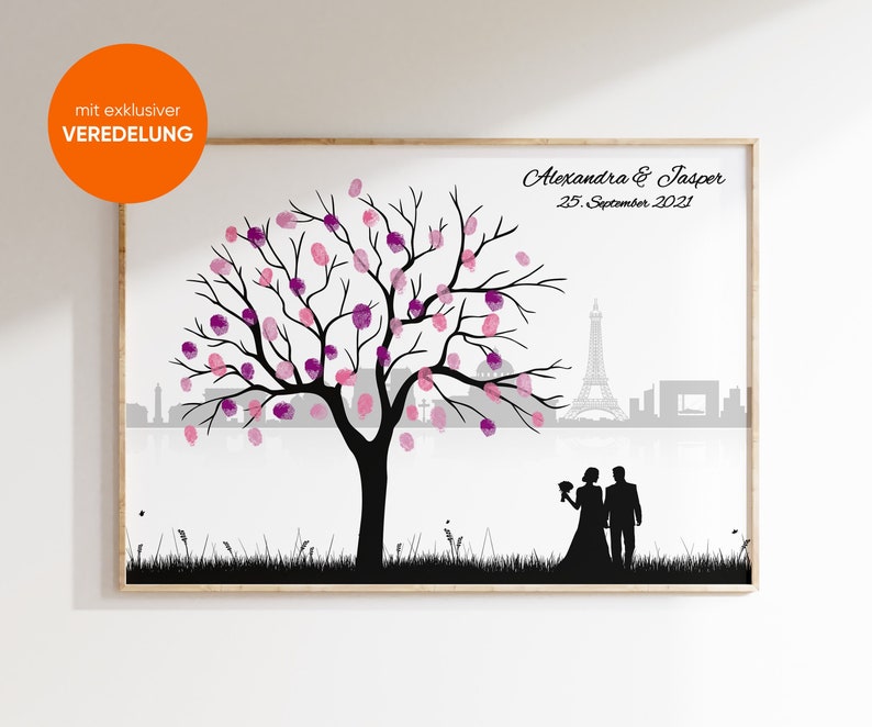 Gästebuch Hochzeit fingerabdruck Weddingtree empreinte mariage Paris Leinwand Premium-Papier Fingerabdruck Geschenk veredelt personalisiert Bild 1