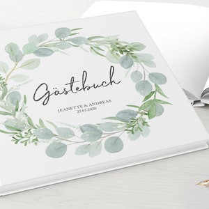 GÄSTEBUCH Hochzeit personalisiert mit Namen & Datum mit Fragen oder weiße Seiten Hardcover Eucalyptus Green Love Greenery Bild 2