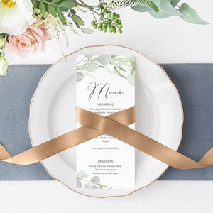 5 x cartes de menu - Eucalyptus Green Love DIN longues imprimées recto-verso mariage personnalisées