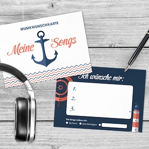 50 x Musikwunsch-Karten - Maritim Anker Din A6 zweiseitig bedruckt Hochzeit