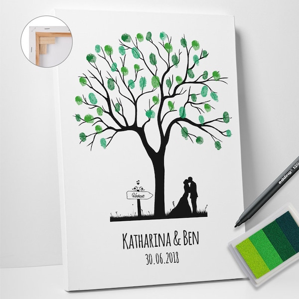 Wedding Tree Classic on Canvas or Premium Paper, Fingerprint Tree, Set with Ink Pad & Pen Gold, Silver, Rose Gold, Copper