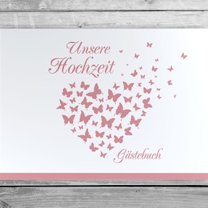 Wedding guest book without questions photo book white pages classy romantic Vintage Butterfly Heart rose rosé pink