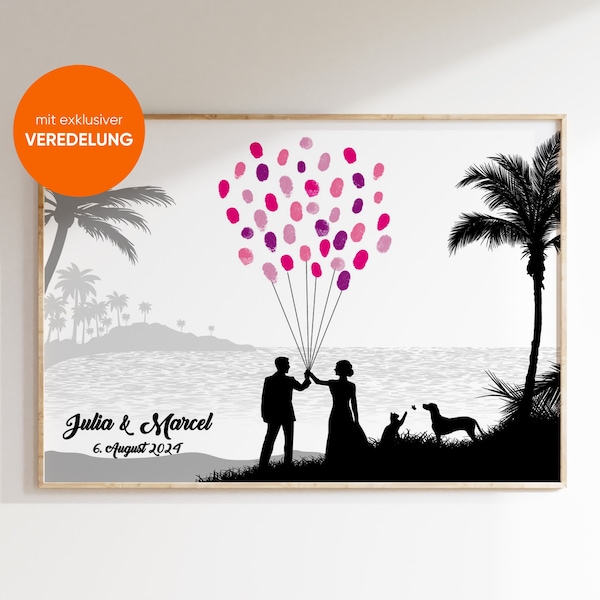 Guestbook Wedding Weddingtree Skyline Beach Palm Trees Canvas Premium Paper Fingerprint Tree Gift Finishing Personalized