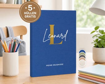 Zeugnismappe personalisiert Geschenk | Leinen A4 Ordner mit Namen für Kinder | Dokumentenmappe für Zeugnisse Einschulung - inkl. 5 Hüllen