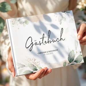 Gästebuch Hochzeit, Hochzeitsgästebuch, Greenery Glitter Eukalyptus – DIN A4 – personalisiert mit Namen & Datum
