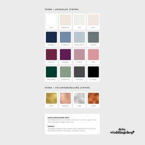 May include: Color chart for wedding invitations showing envelope and foil options.  Colors include ivory, beige, navy blue, teal blue, pastel turquoise, gray, burgundy, raspberry, blush, rose, forest green, eucalyptus, titanium gray, black, gold, rose gold, silver, and copper.