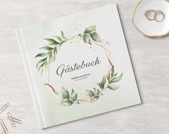 Gästebuch Hochzeit – Eucalyptus Watercolor – quadratisch 21x21cm personalisiert mit Namen & Datum mit Fragen Einleitung blanko weisse Seiten