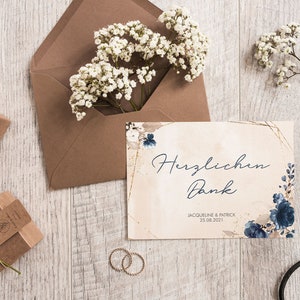 5x bedankkaartjes | Aquarel Breeze Rose | Din A6 | dubbelzijdig bedrukt | Bruiloft gepersonaliseerde namen & datumtekst | Goud
