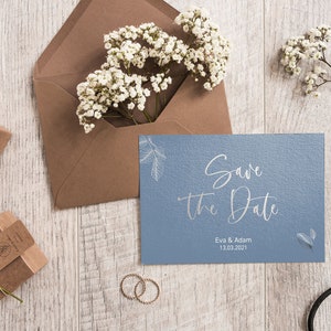 5x SAVE THE DATE cards | Deluxe dove blue | Refined | Din A6 | printed on both sides | Wedding personalized names & date text