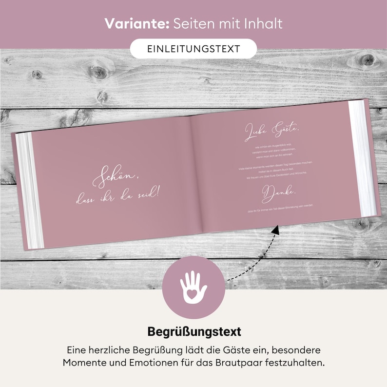 May include: A pink guest book with the text "Sch&ouml;n, lass ihr da seid!" on the left page and "Liebe G&auml;ste, Danke" on the right page. The book is open and lying flat on a wooden surface.