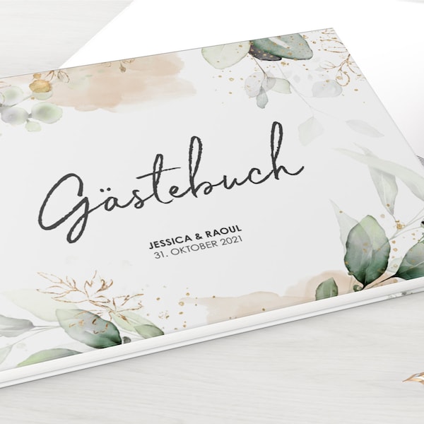 Gästebuch Hochzeit – Greenery Glitter Eukalyptus – DIN A4 – personalisiert mit Namen & Datum