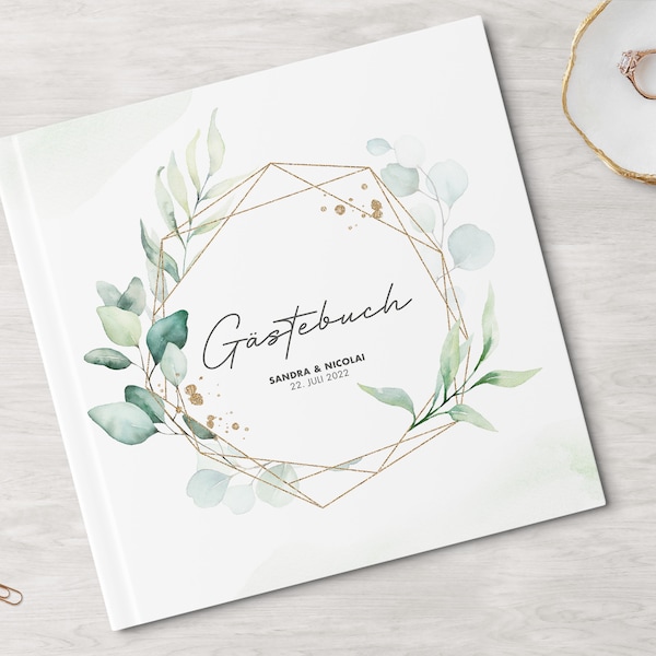 GÄSTEBUCH Hochzeit Eucalyptus | personalisiert mit Namen & Datum | Einleitung + Fragen oder blanko | Eukalyptus Greenery Maximus