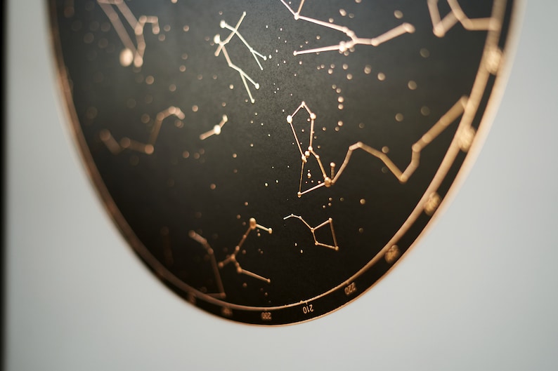 K&ouml;nnte beinhalten: Eine schwarze, runde Wanddekoration mit einem kupferfarbenen Design von Sternbildern. Die Sternbilder sind mit kleinen Punkten und Linien umrandet.