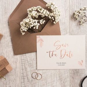 5x SAVE THE DATE-kaarten | Deluxe beige ivoor | Verfijnd | Din A6 | dubbelzijdig bedrukt | Bruiloft gepersonaliseerde namen en datumtekst
