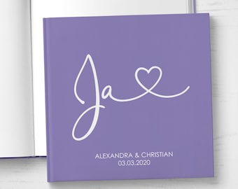 GUEST BOOK Wedding | personalized with name & date | with questions or white pages | Hardcover | square | Yes lilac purple