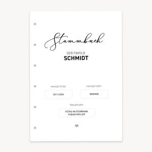 Eerste binnenpagina voor familieboek - gepersonaliseerd met naam, familienaam, datum, plaats, getuigen A4 en 14 x 21 cm