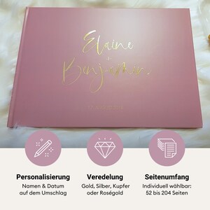May include: Pink guest book with gold foil lettering, "Elaine + Benjamin" and "17 August 2016". The book can be personalized with names and dates, and the cover can be embellished with gold, silver, copper, or rose gold. The book has 52 to 204 pages.