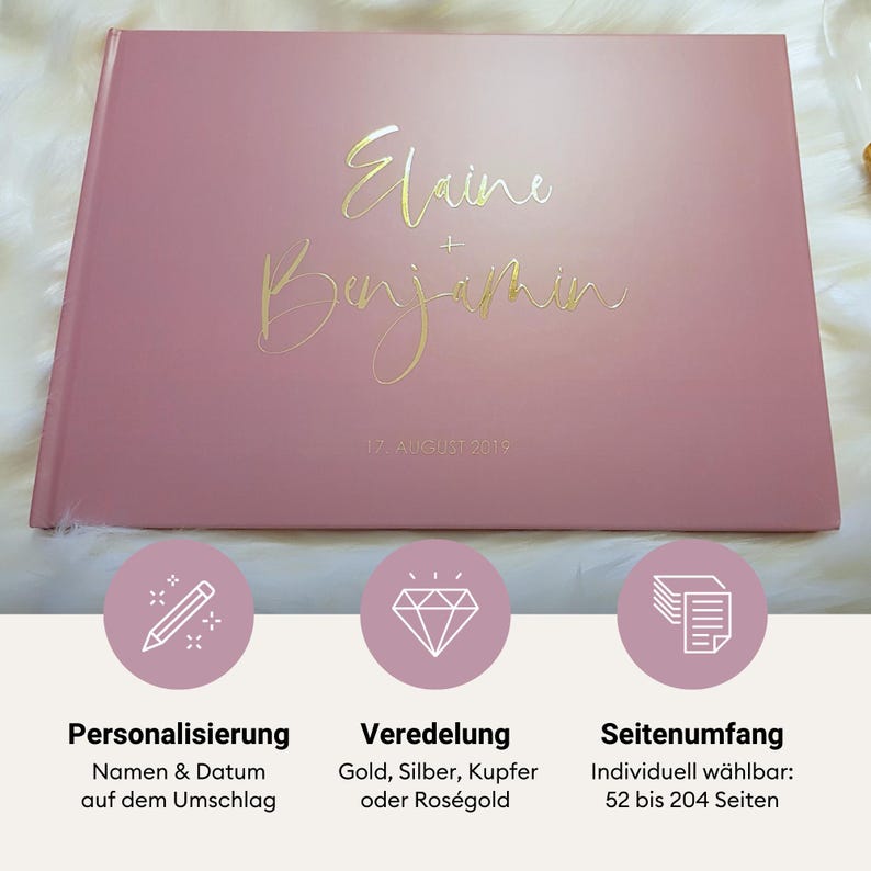 May include: Pink guest book with gold foil lettering, "Elaine + Benjamin" and "17 August 2016". The book can be personalized with names and dates, and the cover can be embellished with gold, silver, copper, or rose gold. The book has 52 to 204 pages.