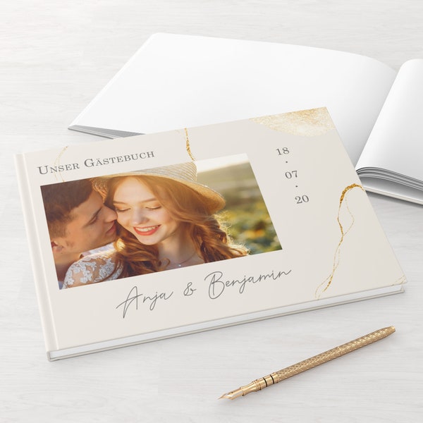 Guest book wedding with and without questions white pages blank photo book romantic photo couple names date lovebirds personalized golden glitter