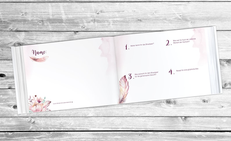 Guestbook wedding with and without questions white pages blanko photobuch classy romantic vintage boho love personalized name date