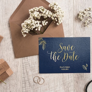 5x SAVE THE DATE-kaarten | Deluxe marineblauw | Verfijnd | Din A6 | dubbelzijdig bedrukt | Bruiloft gepersonaliseerde namen en datumtekst
