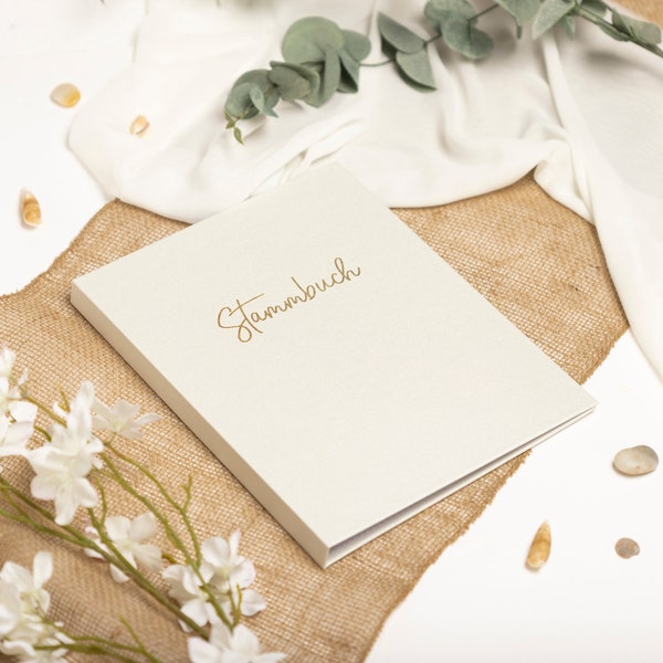 Family book - Premium linen white cream with gold finishing - hardcover with ring mechanism, including register 15 x 21 cm, classic A4