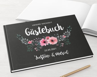 Gästebuch Hochzeit mit und ohne Fragen weiße Seiten blanko fotobuch edel Chalkboard Flower Vintage Blumen - personalisiert Namen Datum