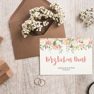 5x bedankkaartjes | Aquarel bloemen | Din A6 | dubbelzijdig bedrukt | Bruiloft gepersonaliseerde namen & datumtekst | Bloemgroen