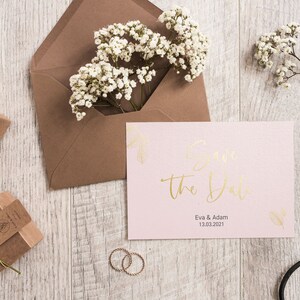 5x SAVE THE DATE-kaarten | Deluxe pastelroze | Verfijnd | Din A6 | dubbelzijdig bedrukt | Bruiloft gepersonaliseerde namen & datumtekst | Roze