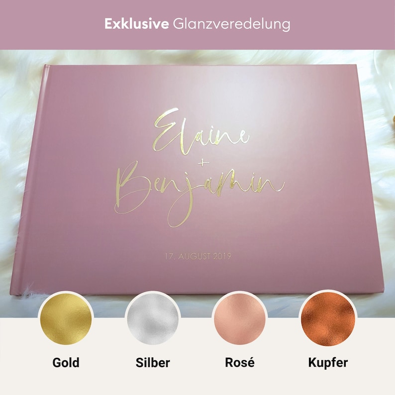 May include: A pink guest book with gold foil lettering that reads "Elaine + Benjamin 17 August 2019". The book is shown against a white background with swatches of gold, silver, rose gold, and copper foil.