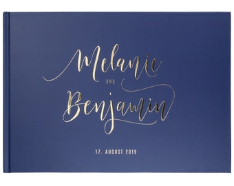 Gästebuch Hochzeit Deluxe | PERSONALISIERT | marine-blau | sehr edel | Gold Veredelung | Hardcover A4 MARINEBLAU